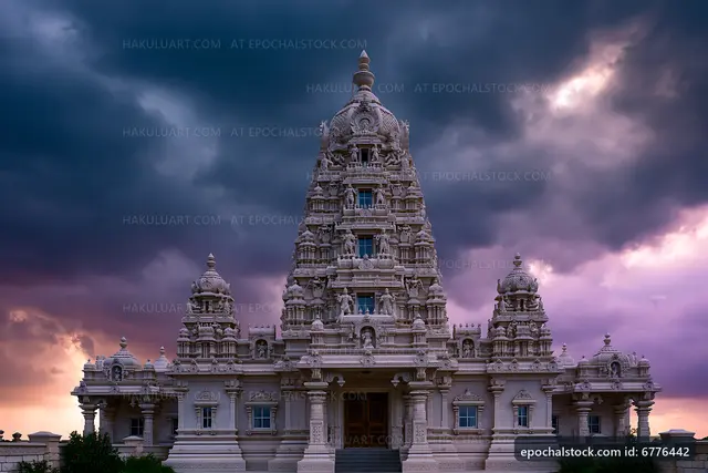 Temple structure under a cloudy sky at sunset