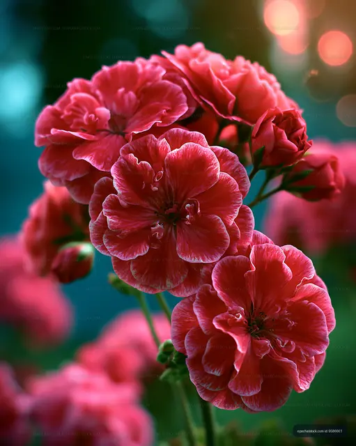 Red flowers bloom in a garden during sunset