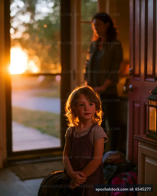 Child standing by the door while mother looks on at sunset