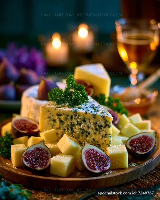 Cheese platter with figs and candlelight setting