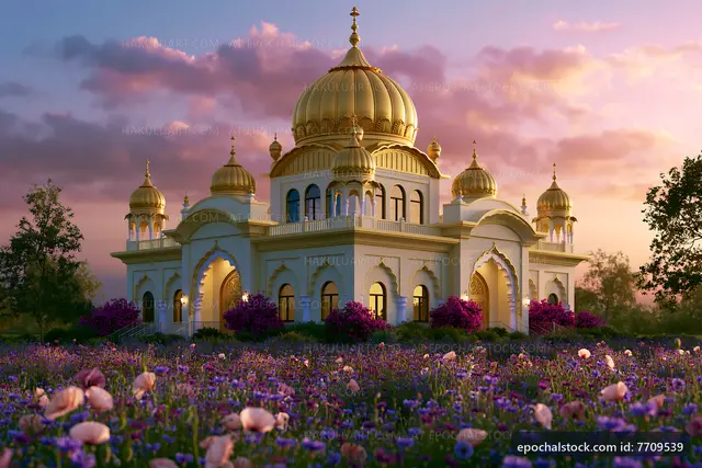 Golden dome building surrounded by flowers at sunset