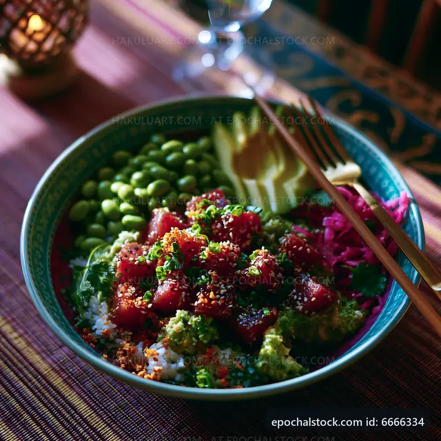 Colorful bowl of fresh poke served on a table