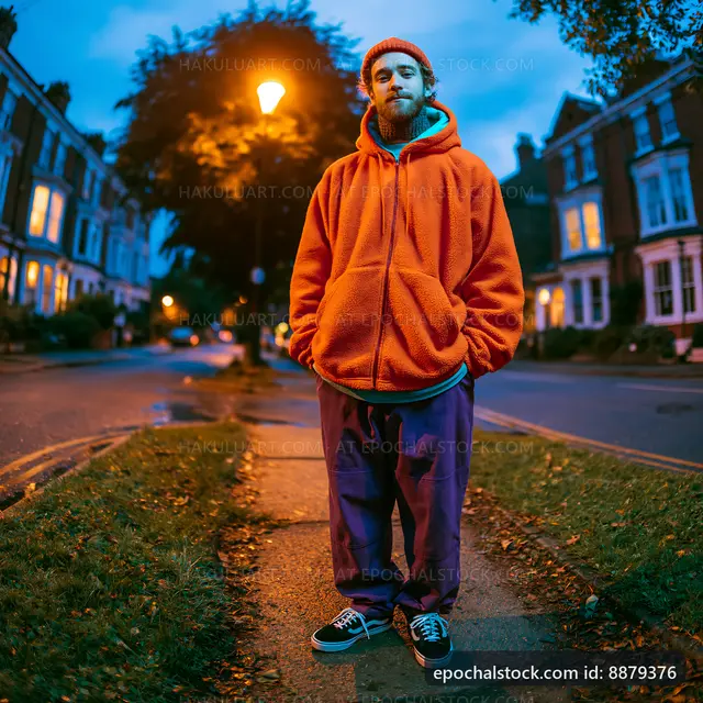 Man standing on a sidewalk at dusk in an urban neighborhood
