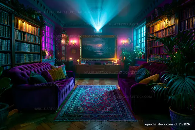 Cozy living room with colorful lighting and bookshelves