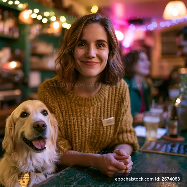 Woman and golden retriever at a cozy cafe