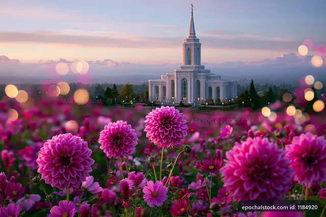 Flowers in front of a temple at sunset with colorful blooms