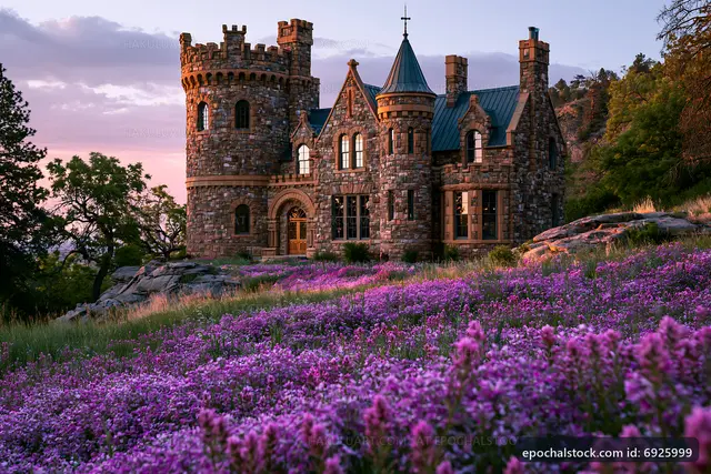 Historic stone castle surrounded by purple flowers at sunset