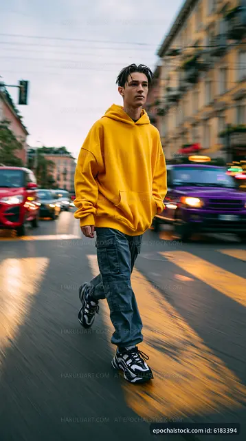 Person walking in city street during dusk hours