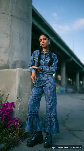 Young woman in denim outfit stands under bridge with flowers