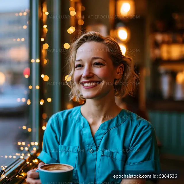Woman in blue shirt smiles while holding coffee cup indoors