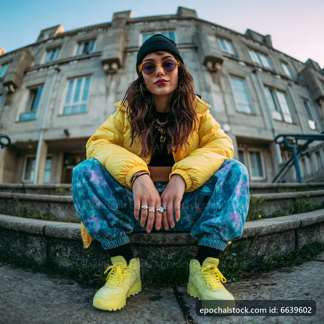 Girl sitting on steps wearing colorful outfit and sunglasses