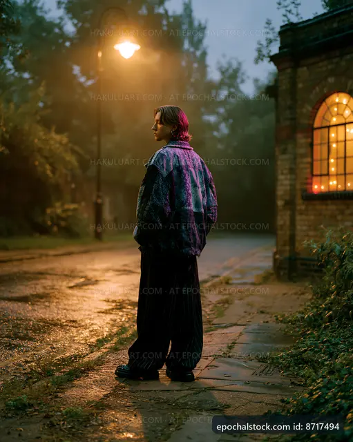 Person standing on a wet street in evening light