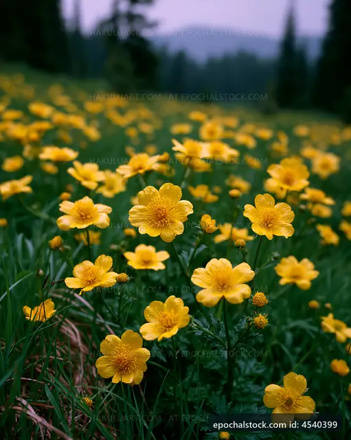 Yellow flowers bloom in a green field under a cloudy sky