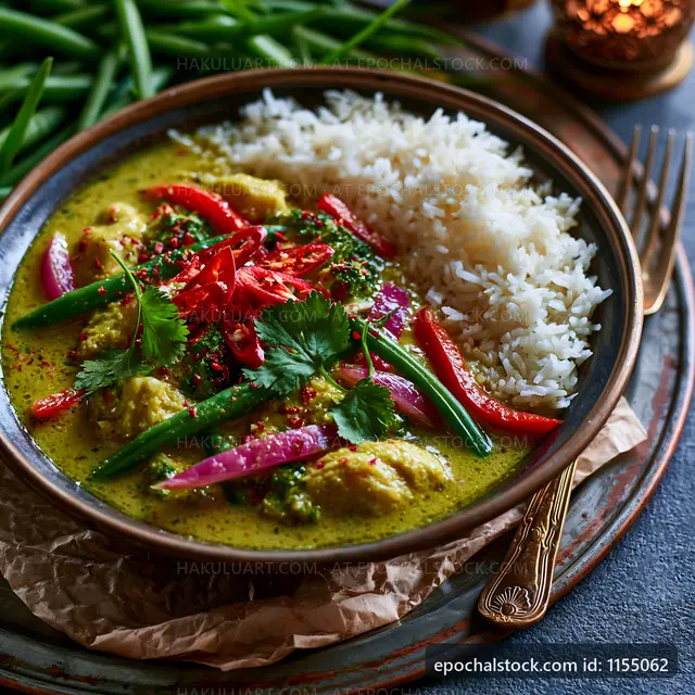 Curry dish with rice and vegetables served in a bowl