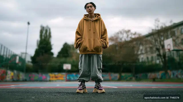 Person wearing hoodie and sweatpants stands on basketball court