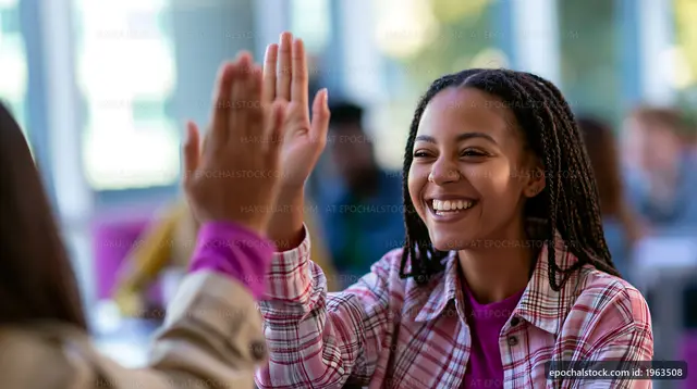 Smiling woman gives high five to a friend indoors