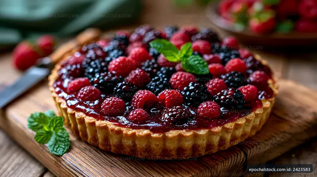 Berry tart on a wooden board with fresh mint leaves