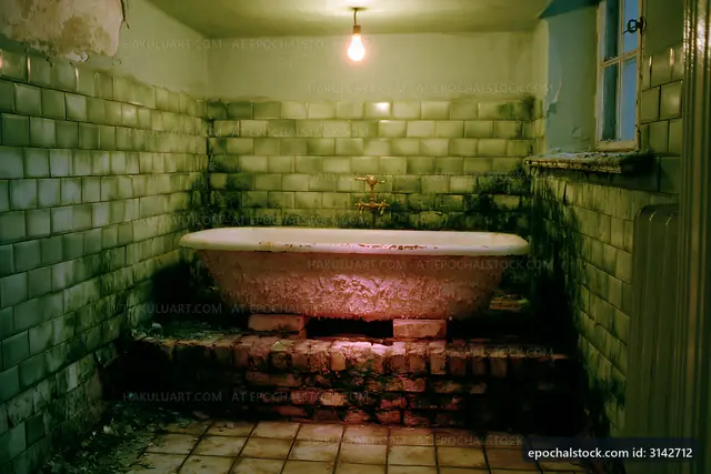 Old bathroom with a vintage bathtub and peeling tiles