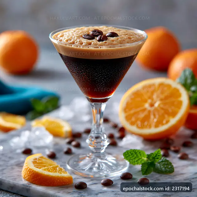Coffee cocktail with orange and mint garnishes on a table