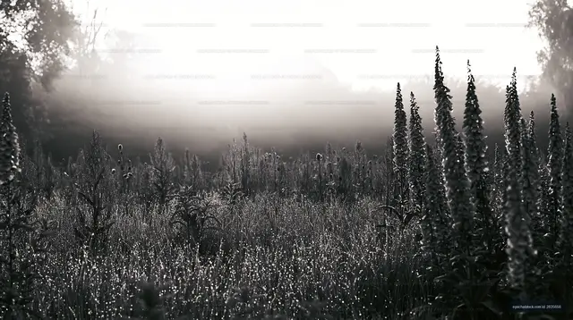 Morning fog over a field with tall plants and dew