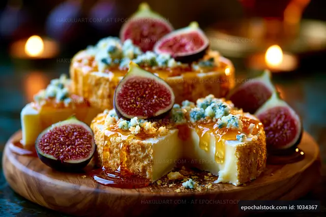 Cheese platter with figs and honey on wooden board
