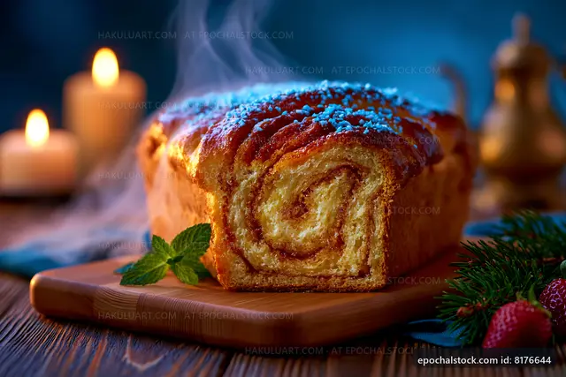 Cinnamon roll bread on wooden board with candles and greenery