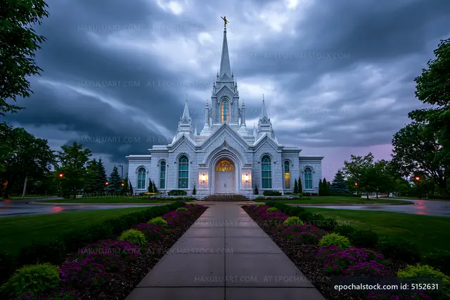 Church building under stormy sky with dark clouds