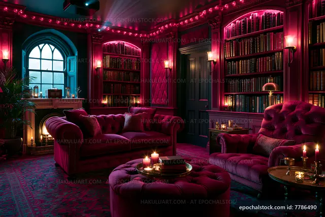 Cozy library with pink lighting and comfortable seating