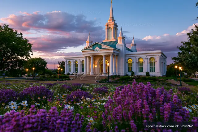 Beautiful church with flowers at sunset