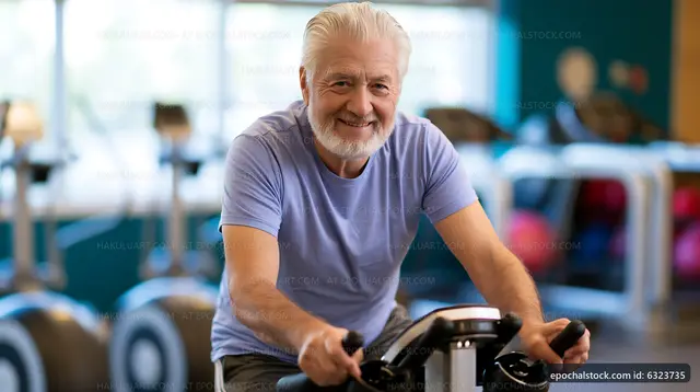 Senior man exercising on stationary bike in gym