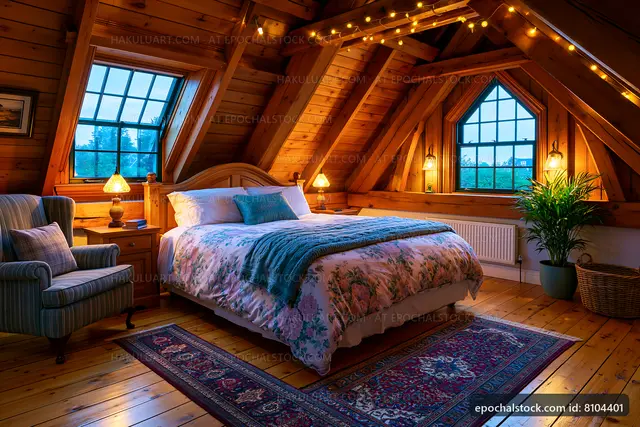 Cozy bedroom with wooden ceiling and warm lighting