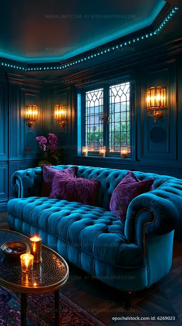 Cozy blue living room with velvet sofa and warm lighting