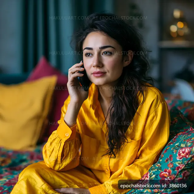 Woman talking on smartphone while sitting on colorful couch