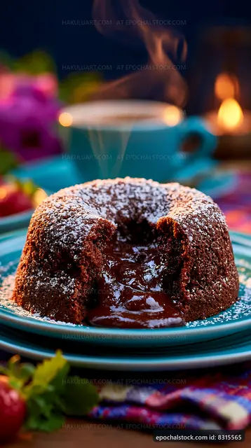 Warm chocolate lava cake on a blue plate with decorative background