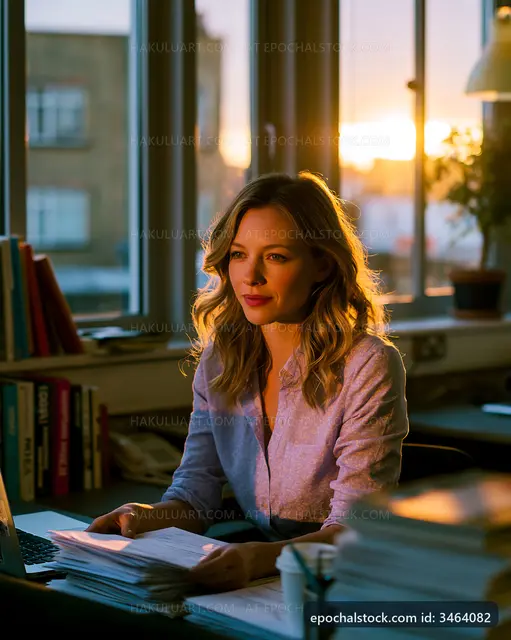 Woman working at a desk during sunset in a bright office