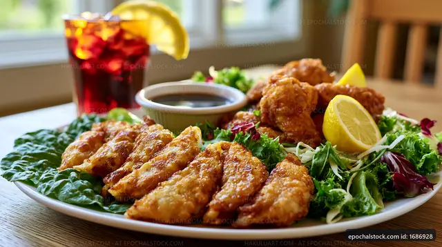 Fried chicken and fish served with salad and drink on a table