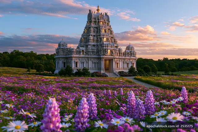 Bright temple surrounded by colorful flowers at sunset