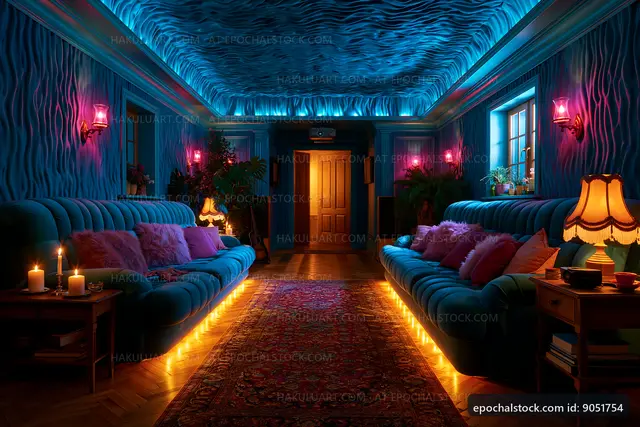 Cozy living room with blue walls and soft lighting at night