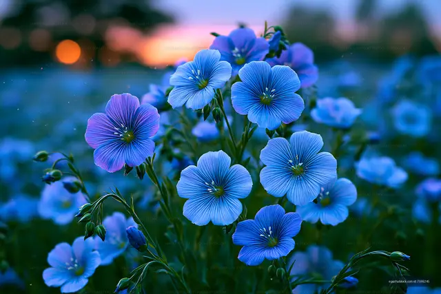 Blue flowers blooming in a field during sunset