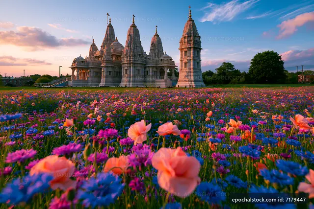 Flowers bloom near a large temple under a colorful sky