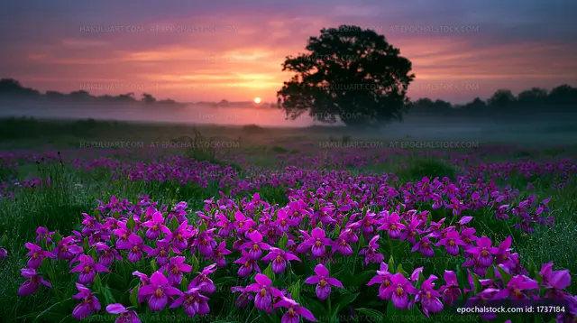 Purple flowers bloom under a colorful sky at sunset
