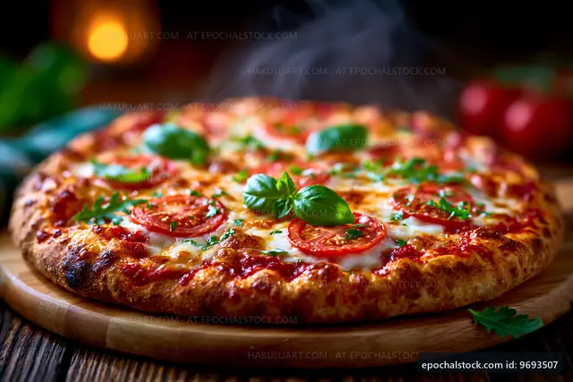 Freshly baked pizza with basil and tomatoes