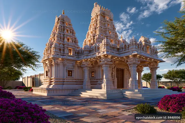 Hindu temple structure with intricate carvings and bright sunlight