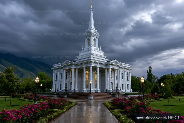White church building under dark storm clouds
