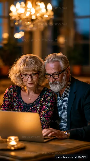 Older couple using laptop together in cozy setting