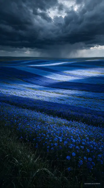 Blue flower field under cloudy sky with shadows