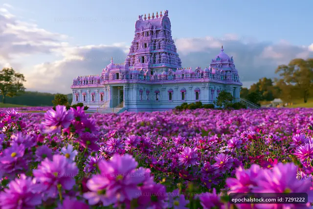 Colorful temple surrounded by pink flowers in a field