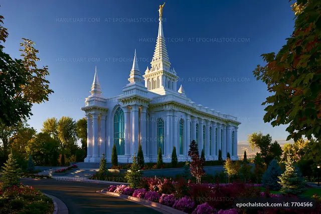 Beautiful building with tall spire surrounded by landscaped gardens
