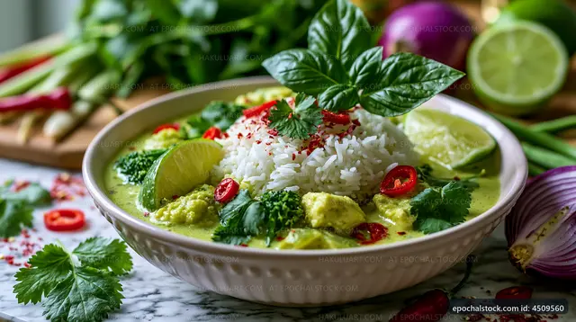 Green curry with rice and fresh herbs in a bowl