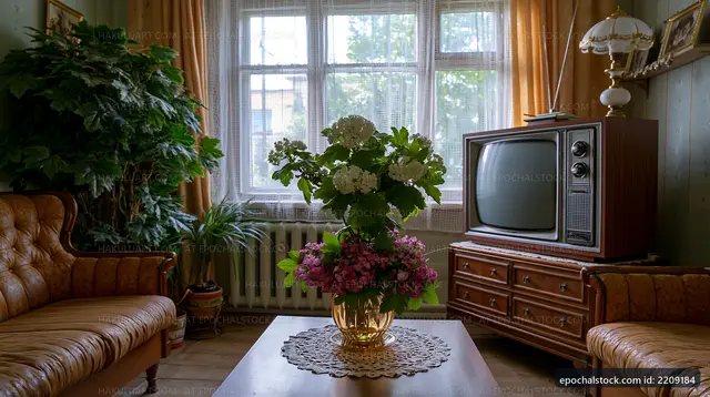 Cozy living room with vintage decor and floral arrangement